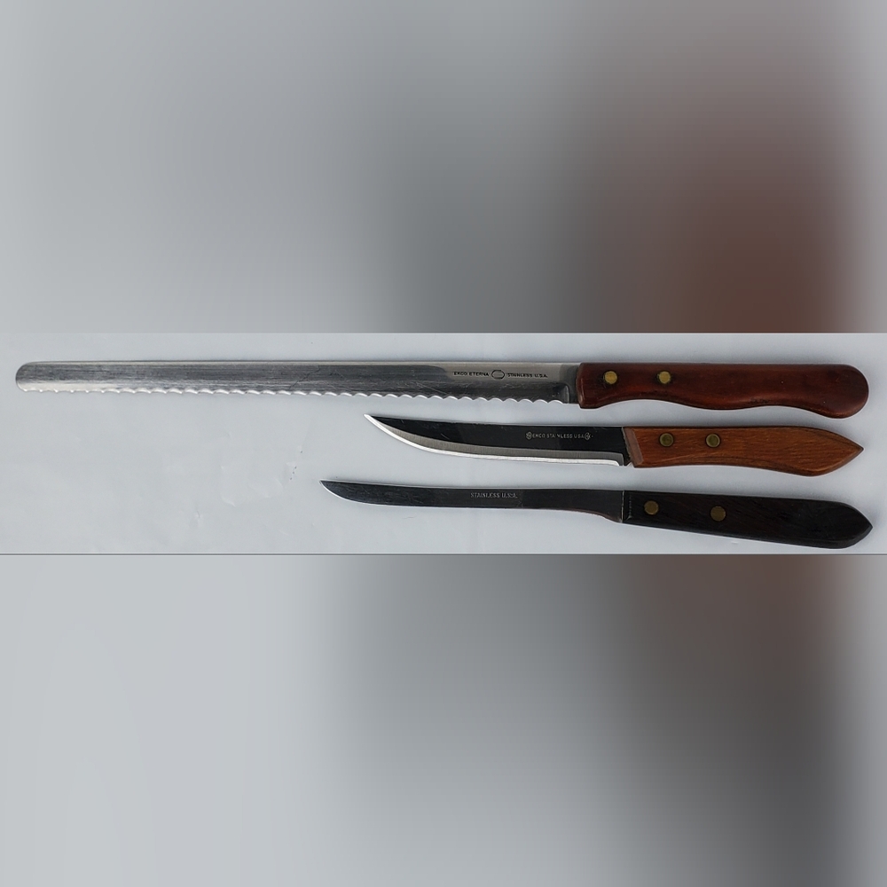 EKCO VTG Eterna Wood Handle Bread Boning Steak Knife Lot of 3 Made in USA - EUC